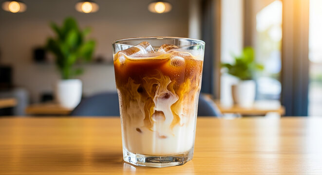 Iced latte in glass on wooden table in coffee shop with sunlight - Powered by Adobe
