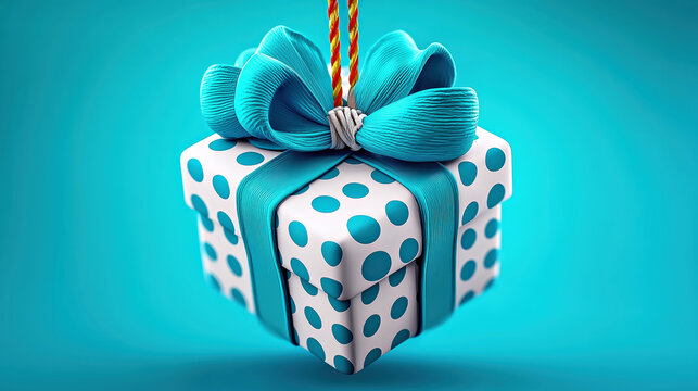 Blue polka dot gift box with ribbon on turquoise suspended display