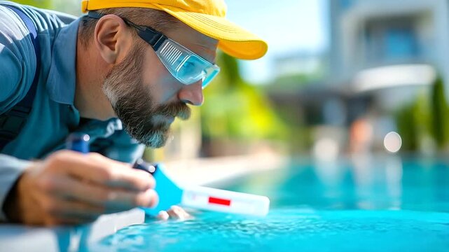 Pool technician balancing chemicals, backwashing filter, testing water, realism, maintenance, seasonal work, expertise, with copy space