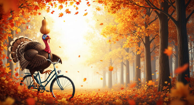 Turkey on bicycle, pumpkin on head, in autumnal forest, falling leaves, portraying Thanksgiving with festive vibe and humor, holiday mood