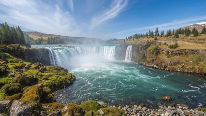 Scenic waterfall and river landscape with lush green moss-covered rocks under a bright blue sky. Nature and outdoor travel. Waterfall and river ecosystem.