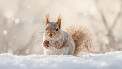 A squirrel in snow holding a nut. Forest and wildlife scene. Nature and animals. The scene of winter wildlife activity.