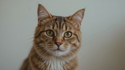 Close-up of a tabby cat with green eyes and pointed ears.