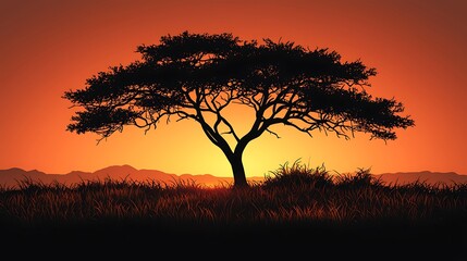 Beautiful silhouette african tree with bright sun high resolution picture