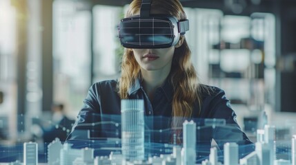 Businesswoman uses augmented reality headset to explore 3D city model in modern workspace with natural lighting