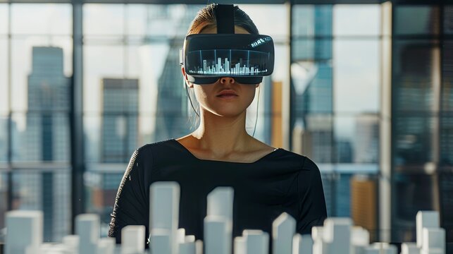 Businesswoman explores digital city model using augmented reality technology in a modern workspace filled with natural light