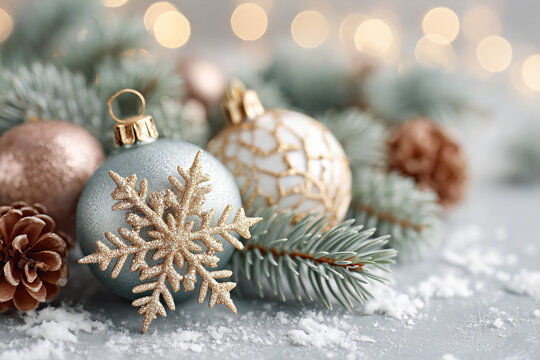 Frosted pine branches with blue and gold ornaments and snowflake decor