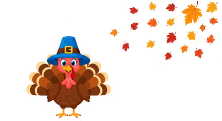 Fototapeta premium Cartoon illustration of turkey wearing pilgrim hat with fall leaves on white, representing Thanksgiving celebration and holiday season themes, free space