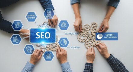 Overhead shot of business team collaborating on an SEO strategy with a digital flow chart and interconnected wooden gears, symbolizing search engine optimization and teamwork.