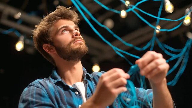 Stagehand flying lines, taping marks, testing comms before show, realism, theater, production, teamwork, precision, with copy space