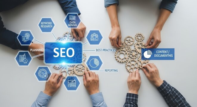 Overhead shot of business team collaborating on an SEO strategy with a digital flow chart and interconnected wooden gears, symbolizing search engine optimization and teamwork. - Powered by Adobe