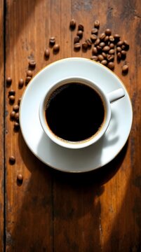 op-view flatlay of a cup of black coffee on a saucer with scattered roasted coffee beans and a small spoon on a rustic wooden table, warm natural light, no hands, no humans, cozy cafe atmosphere.
