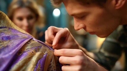 Theater costume team fitting actor, pinning hem, steaming fabric, realism, backstage, detail, teamwork, timelines, with copy space