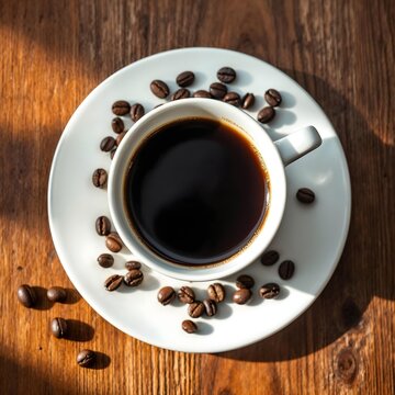 op-view flatlay of a cup of black coffee on a saucer with scattered roasted coffee beans and a small spoon on a rustic wooden table, warm natural light, no hands, no humans, cozy cafe atmosphere.