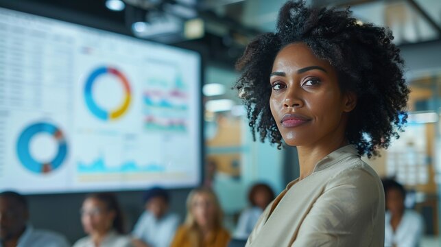 Confident African American woman leading a productive team meeting with engaging visuals and attentive coworkers in a well-lit office