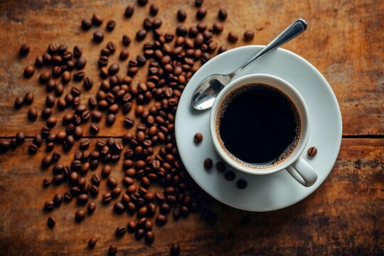 op-view flatlay of a cup of black coffee on a saucer with scattered roasted coffee beans and a small spoon on a rustic wooden table, warm natural light, no hands, no humans, cozy cafe atmosphere.