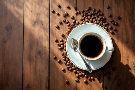 op-view flatlay of a cup of black coffee on a saucer with scattered roasted coffee beans and a small spoon on a rustic wooden table, warm natural light, no hands, no humans, cozy cafe atmosphere.