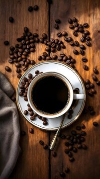 op-view flatlay of a cup of black coffee on a saucer with scattered roasted coffee beans and a small spoon on a rustic wooden table, warm natural light, no hands, no humans, cozy cafe atmosphere.