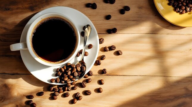 op-view flatlay of a cup of black coffee on a saucer with scattered roasted coffee beans and a small spoon on a rustic wooden table, warm natural light, no hands, no humans, cozy cafe atmosphere.