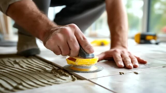 Tile setter buttering back of tile, using spacers and level, realism, renovation, accuracy, patience, pro technique, with copy space