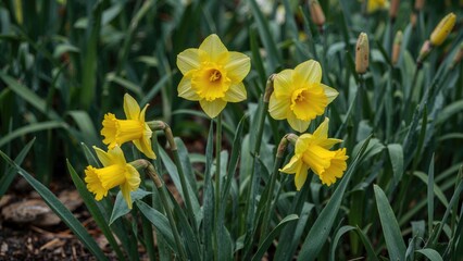 Clusters of yellow daffodils blooming among green leaves and stems in a garden scene.