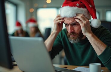 Bearded man in Santa hat works on laptop, looks stressed, overwhelmed. Colleagues in Santa hats nearby. Office worker has headache, tries to focus during busy holiday season. Christmas work pressure.