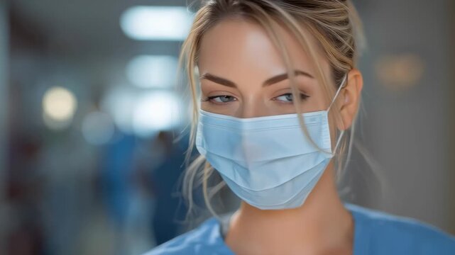 Close-up portrait of a young female doctor wearing a medical mask and scrubs in hospital corridor, symbolizing professionalism, focus, and healthcare dedication - Powered by Adobe