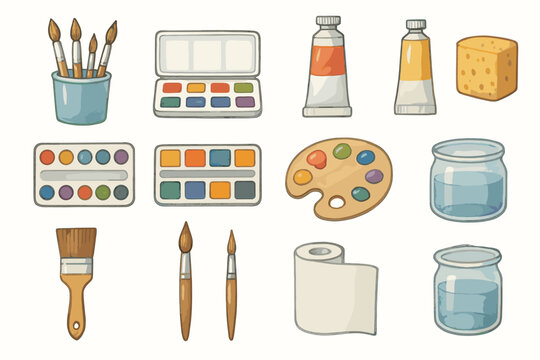 Vector glass art paint tray roll icon essentials paper jar desk watercolor