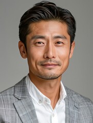 Obraz premium Corporate headshot of confident Asian man in business attire with soft studio lighting against light-gray backdrop