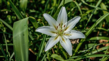Fototapeta premium White lily flower amidst green foliage with dew drops, natural environment, close-up.