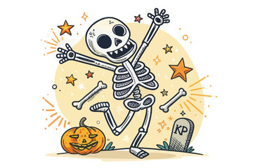 Funny Dancing Skeleton with Pumpkin and Stars – Cute Halloween Vector Illustration