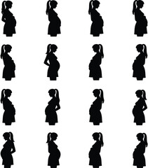Pregnant Woman Silhouettes Collection Showing Different Poses and Hairstyles vector illustration