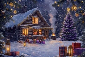 Illuminated wooden cabin rests in a snowy forest setting during a winter night celebration