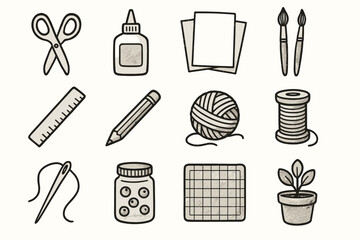 Fototapeta premium Ruler glue jar tools paintbrushes icon needle craft potted vector cutting spool