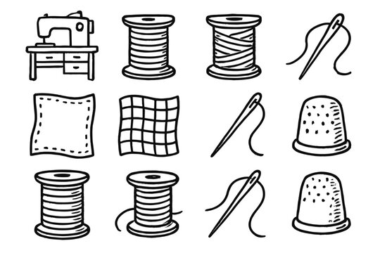 Rough crafting sewing vector set needle thimble setup thread spool icon fabric