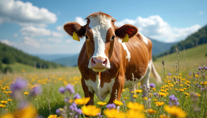 Brown and white cow stands in sunny summer meadow. Animal grazes among vibrant wildflowers. Green hills and blue sky frame the rural background. Livestock looks directly forward with ear tags.
