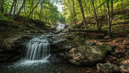 A forest scene with a waterfall flowing over rocks in a lush green woodland.