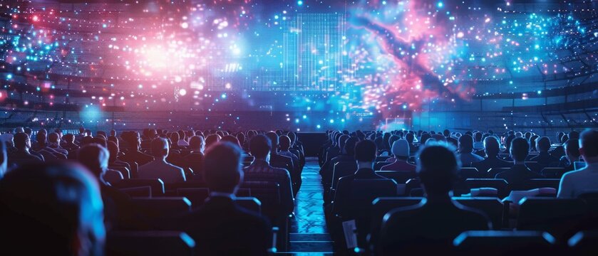 Engaging discussions and cutting-edge technology at an international business conference in a futuristic space with holographic displays