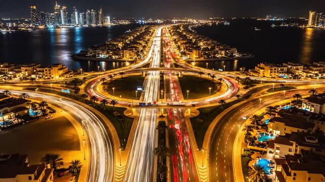 Dynamic night highway interchange captures vibrant urban energy with light trails and modern city skyline creating a bustling, connected metropolitan scene perfect for travel or business concepts.