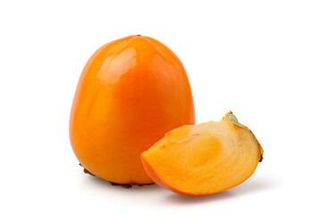 A whole persimmon and a slice of tuyere, isolated on a white background. The persimmon variety is Sharon.
