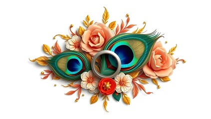 Fototapeta premium Elegant Peacock Feather Floral Design with Golden Wedding Rings and Vibrant Blooms – Luxury Indian Decorative Artwork