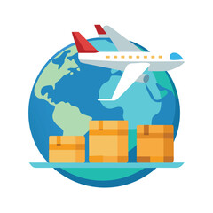 Delivery airplane carrying cargo boxes flat vector icon on white background