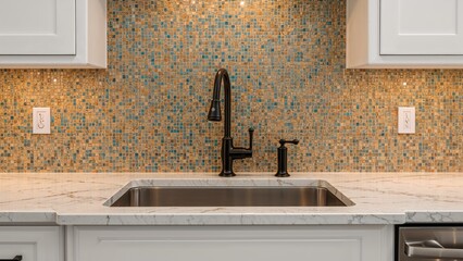 Close-up of a kitchen sink faucet on a backsplash with small, multicolored mosaic tiles and electrical outlets on both sides.