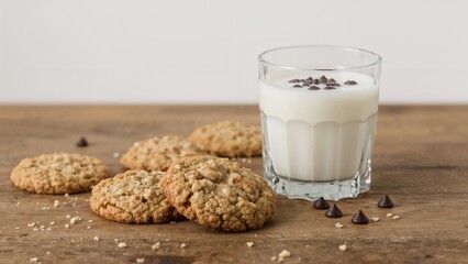 Cookies and a glass of milk with chocolate chips on a wooden surface.