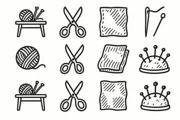 Pincushion table scissors knitting set sketch vector icon handcraft outline needle icons