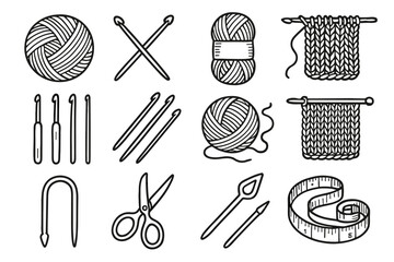 Icons icon yarn knitting skein tools wool craft vector measuring needles tape