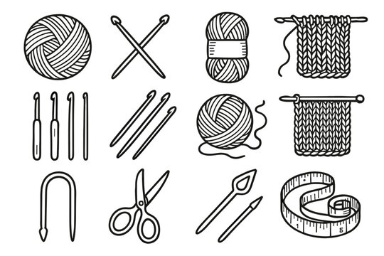 Icons icon yarn knitting skein tools wool craft vector measuring needles tape