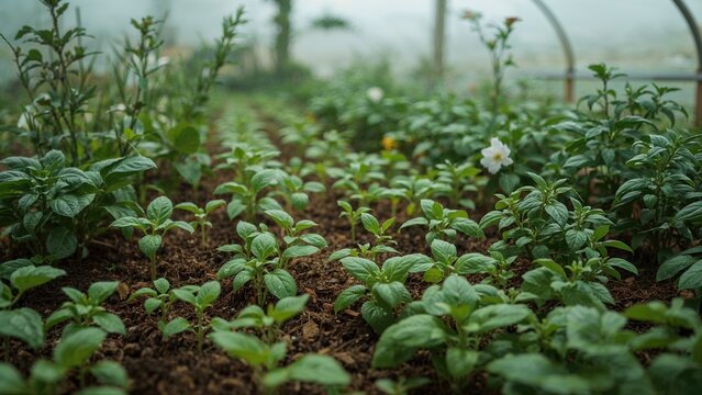 Young plant seedlings growing in soil within a greenhouse or garden setting.