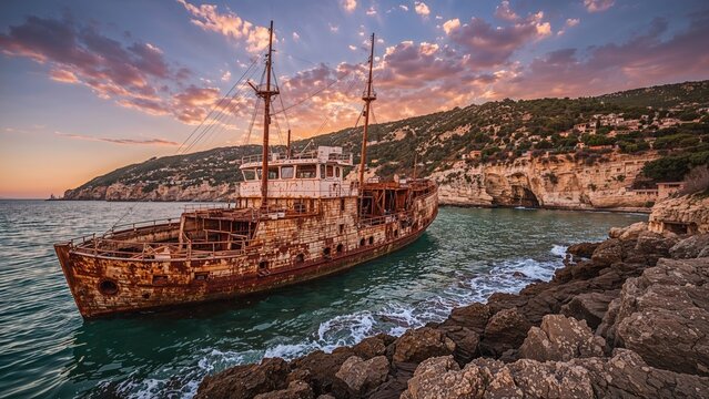 A rusty shipwreck on a rocky coast during sunset with colorful clouds and a hillside in the background. - Powered by Adobe