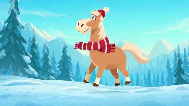 Cute cartoon horse character stands smiling wearing christmas santa hat and warm scarf in snowy winter forest mountain landscape. Cheerful festive holiday seasonal video with pony, animal.